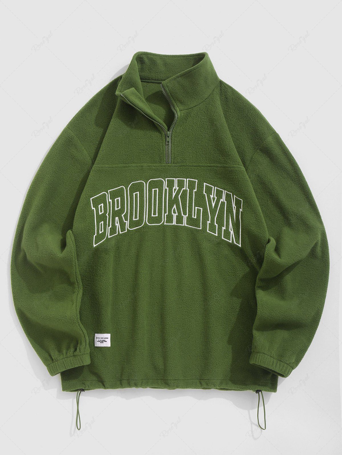 Affordable Men's BROOKLYN Letter Embroidered Fuzzy Polar Fleece Quarter Zip Stand Collar Pullover Sweatshirt  