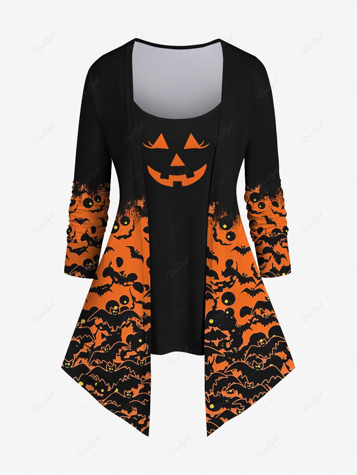 Online Plus Size Bats Pumpkin Devil Print Halloween 2 in 1 Patchwork T-shirt  