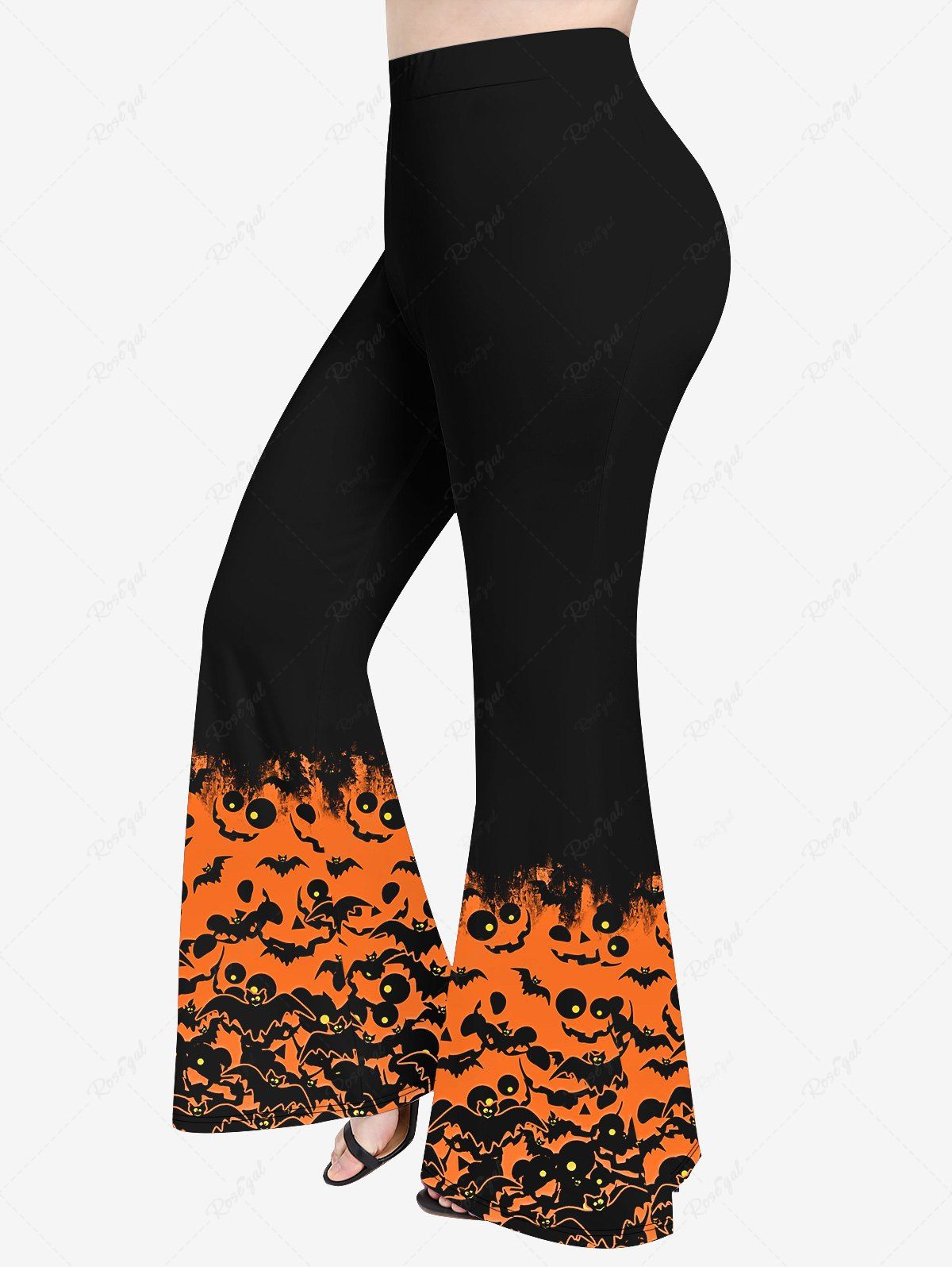 Pantalon Evasé D'Halloween Chauve-souris Diable Imprimé de Grande Taille Orange 6X