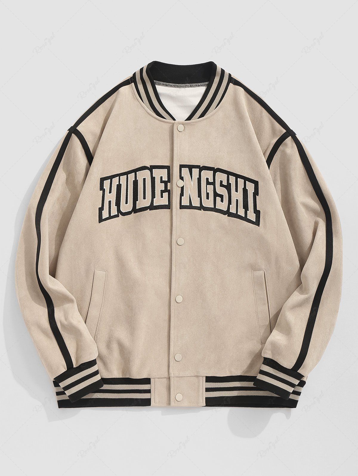 Affordable Men's Daily Preppy Stripes Panel Letter Embroidered Snap Button Pockets Faux Suede Baseball Varsity Jacket  