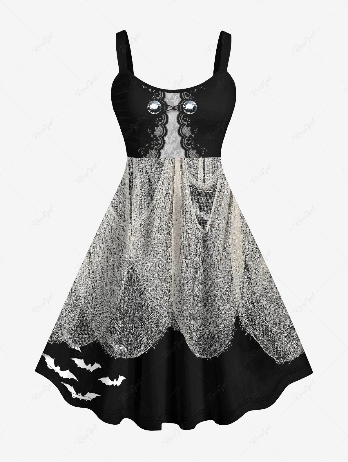 Trendy Plus Size Halloween Bat Ripped Gauze Applique Lace 3D Print Tank Dress  