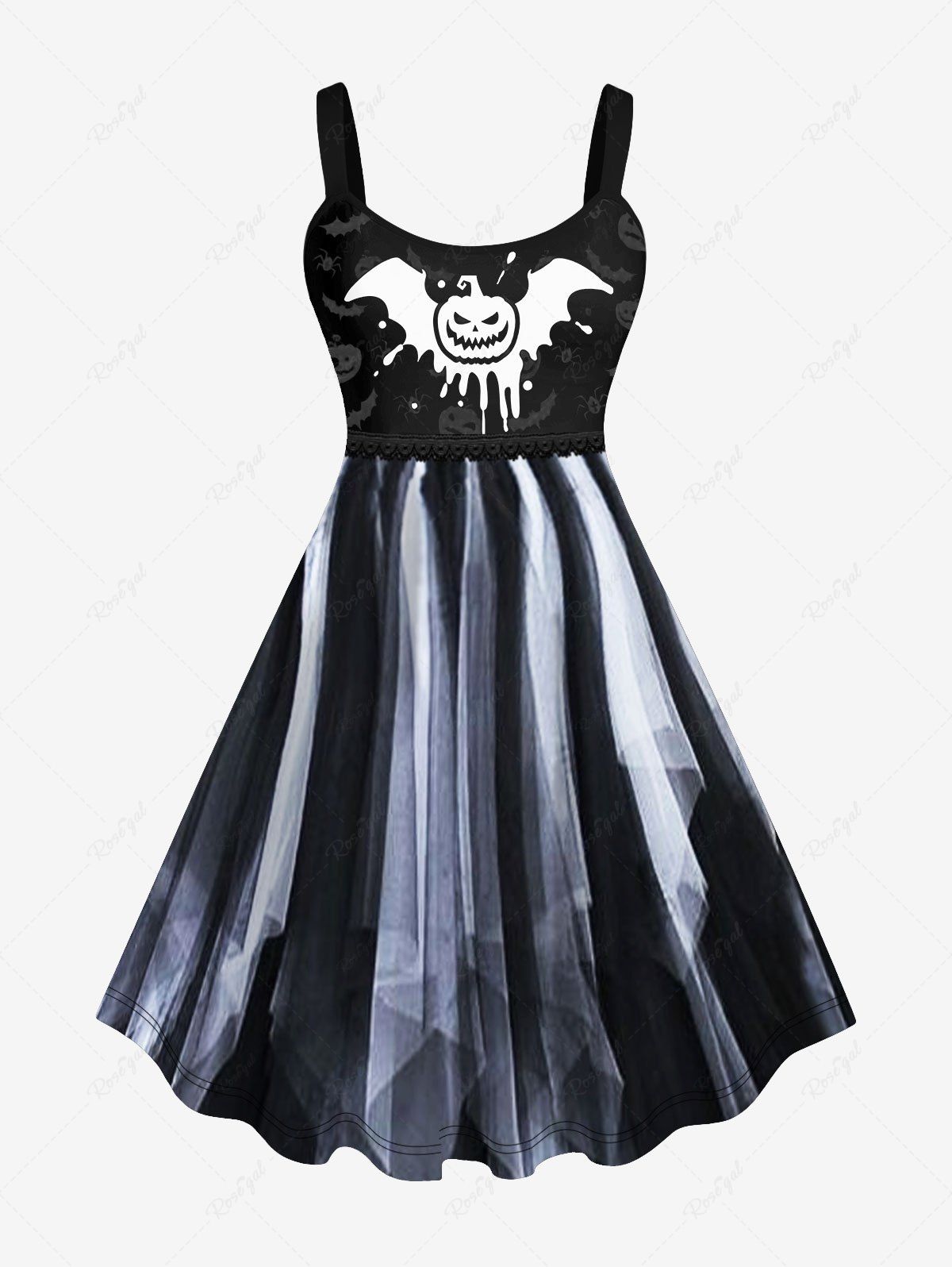 Chic Plus Size 3D Bat Pumpkin Spider Mesh Print Halloween Tank Dress  