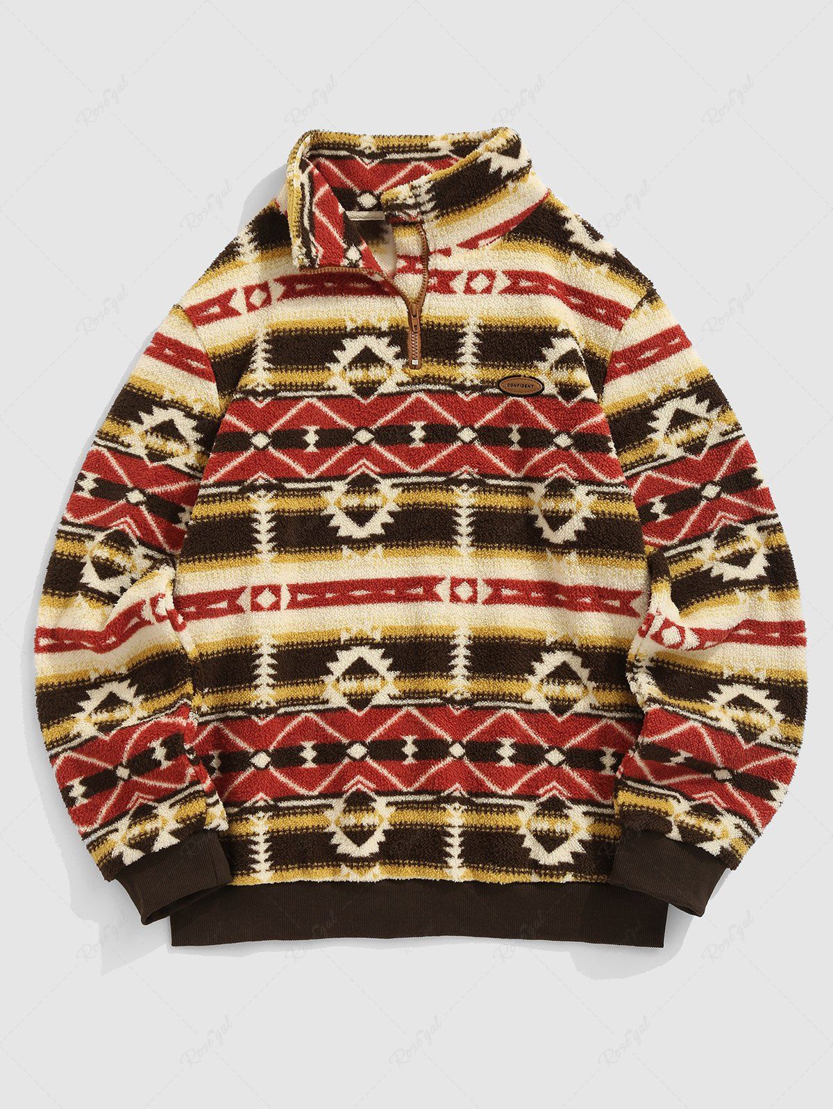 Sale Men's Ethnic Aztec Printed Quarter Zip Fuzzy Fleece Sweatshirt  
