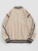 Men's Daily Preppy Stripes Panel Letter Embroidered Snap Button Pockets Faux Suede Baseball Varsity Jacket -  