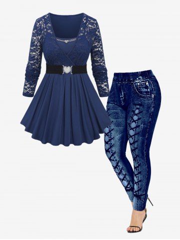 Plus Size Chain Panel Floral Lace Heart Buckle Belt Surplice T-shirt and Leggings Outfit - DEEP BLUE