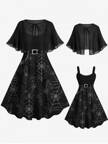 Halloween Spider Web Grommets Buckle Chain 3d Printed Tank Dress and Sheer Mesh Tied Cape Plus Size Outfit - BLACK