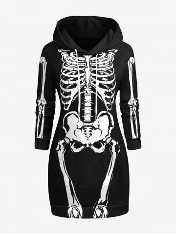 Plus Size Skeleton Print Pockets Drawstring Hoodie Dress - BLACK - L