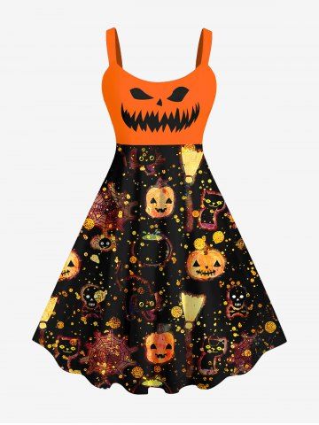 Plus Size Halloween Costume Pumpkin Spider Web Glitter Print Tank Dress - ORANGE - 1X