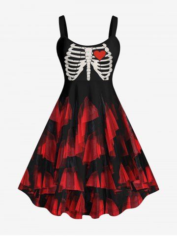 Plus Size Skeleton Heart Ripped Mesh 3D Print Tank Dress - RED - S
