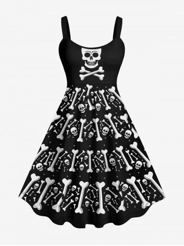 Plus Size Skulls Bone Print Halloween Tank Dress - BLACK - XS
