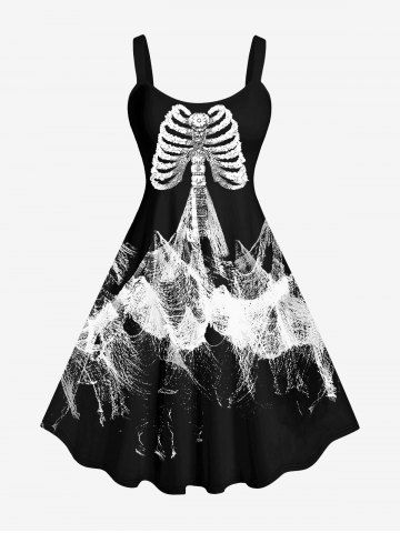 Plus Size Skeleton Print Halloween Sleeveless Dress - BLACK - M