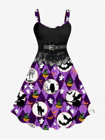 Plus Size 3D Cat Bat Pumpkin Ghost Floral Lace PU Buckle Print Halloween Tank Dress - PURPLE - 1X