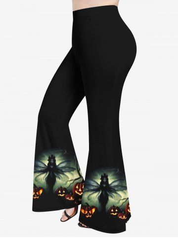Plus Size Halloween Pumpkin Wings Ghost Print Flare Pants - BLACK - 2X