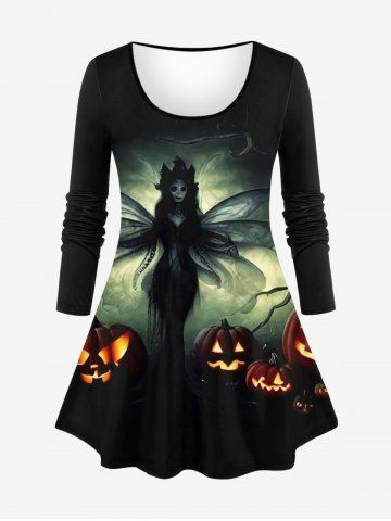 Plus Size Halloween Wings Ghost Pumpkin Print T-shirt - BLACK - XS