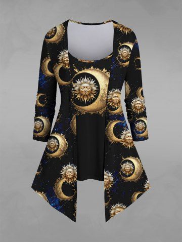 Gothic 3D Sun Moon Galaxy Printed Patchwork 2 in 1 Asymmetric T-shirt - BLACK - 6X