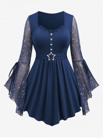 Plus Size Sparkling Glitter Mesh Tie Flare Sleeves Pentagram Buckle Ruched Ruffles Top - DEEP BLUE - 1X | US 14-16