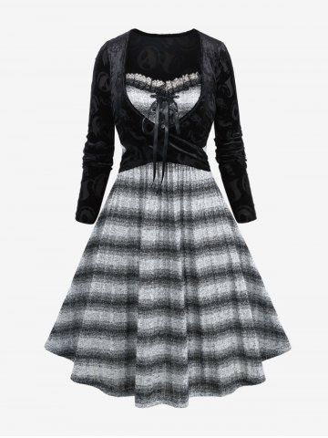 Plus Size Skull Ghost Flocking Crossover Lace-up Ruffle Lace Striped Knitted Halloween 2 in 1 Dress
