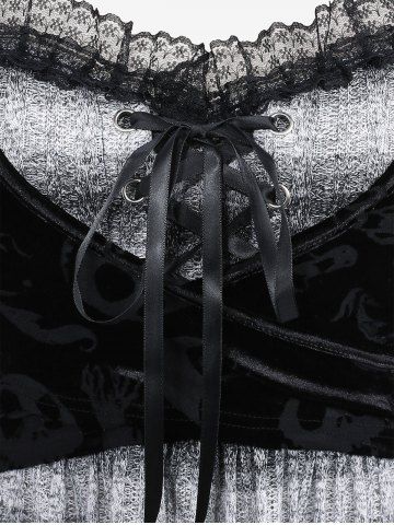 Plus Size Skull Ghost Flocking Crossover Lace-up Ruffle Lace Striped Knitted Halloween 2 in 1 Dress