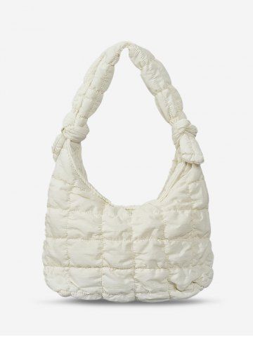 Women's Simple Style Solid Color Wrinkle Textured Quilted Puffer Knot Handle Handbag - CRYSTAL CREAM