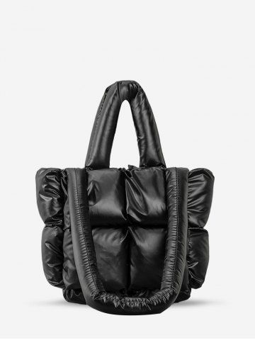 Women's Daily Solid Color Strappy Quilted Padded Puffer Design Down Shoulder Tote Bag - BLACK