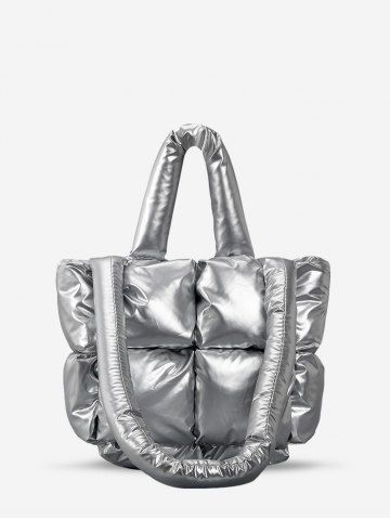 Women's Daily Solid Color Strappy Quilted Padded Puffer Design Down Shoulder Tote Bag - SILVER