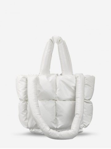 Women's Daily Solid Color Strappy Quilted Padded Puffer Design Down Shoulder Tote Bag - MILK WHITE