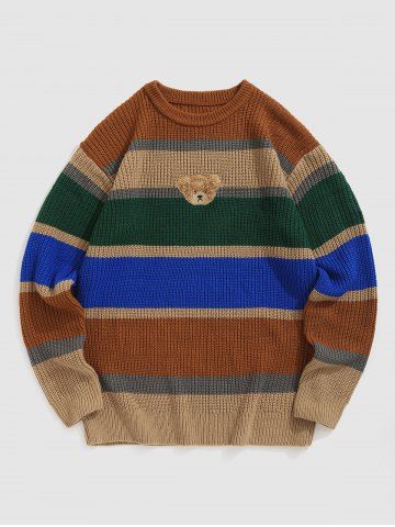 Men's Colorblock Striped Bear Patched Design Knitted Pullover Sweater - MULTI-A - L