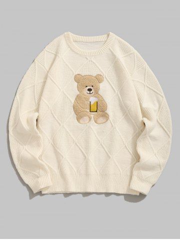 Men's Terry Cloth Bear Embroidered Patch Design Round Neck Pullover Sweater - WHITE - XL