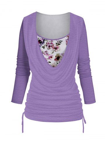 Flower Print Cowl Neck Cinched Ruched Faux Twinset 2 In 1 Top - PURPLE - S