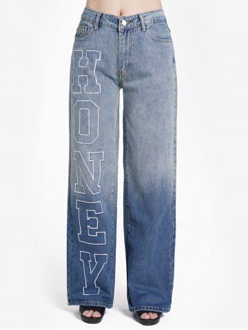 HONEY Letter Embroidery Ombre Pockets Middle Waist Casual Loose Jeans - BLUE - L