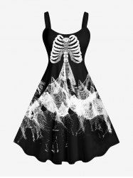 Robe Imprimée Squelette Halloween sans Manches Grande Taille - Noir 6X