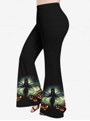 Pantalon Évasé Imprimé Citrouille Fantôme et Ailes Grande Taille - Noir XS