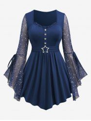 Plus Size Sparkling Glitter Mesh Tie Flare Sleeves Pentagram Buckle Ruched Ruffles Top -  