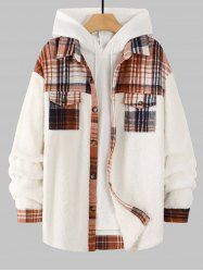 Men's Plaid Pattern Spliced Button Front Flap Pocket Fuzzy Teddy Fleece Jacket -  