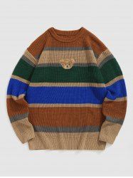 Men's Colorblock Striped Bear Patched Design Knitted Pullover Sweater -  