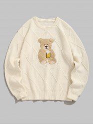 Men's Terry Cloth Bear Embroidered Patch Design Round Neck Pullover Sweater -  