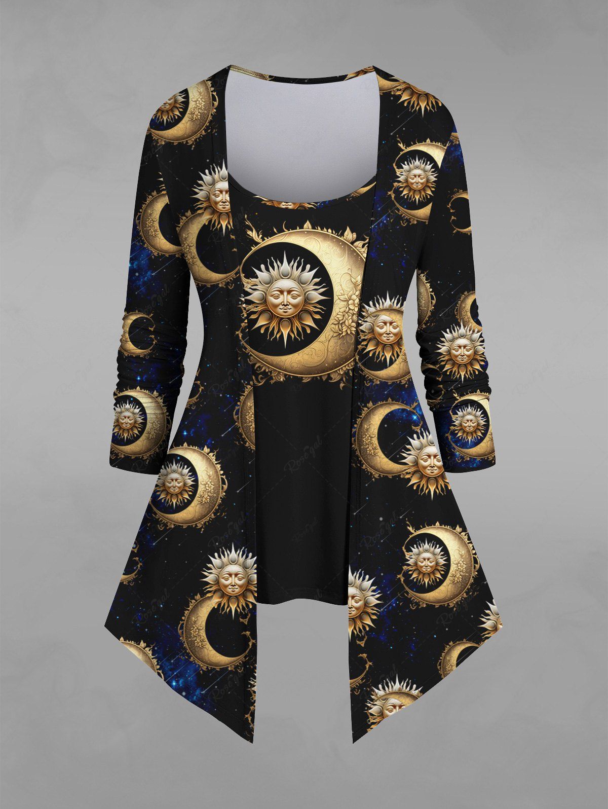 Shops Gothic 3D Sun Moon Galaxy Printed Patchwork 2 in 1 Asymmetric T-shirt  