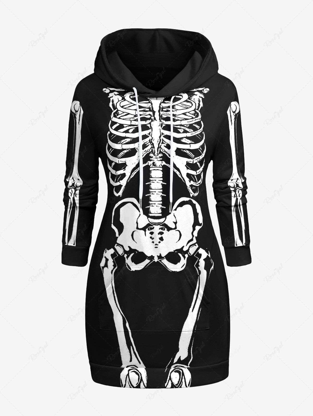 Outfits Plus Size Skeleton Print Pockets Drawstring Hoodie Dress  