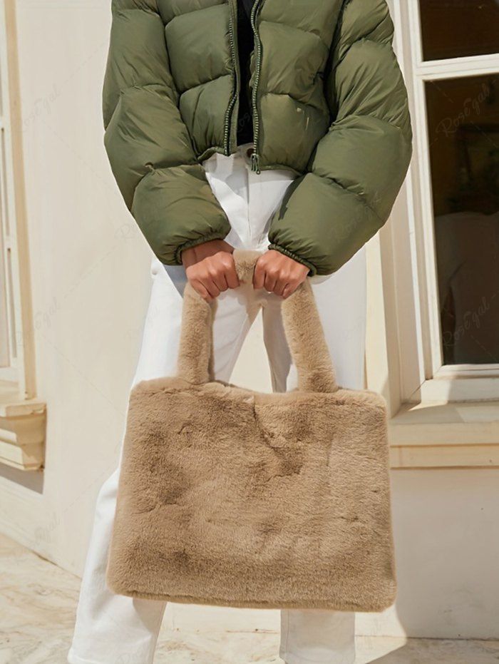 Sac Fourre-tout Fourré en Couleur Unie avec Grande Capacité pour Femme Marron Camel 