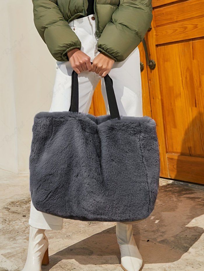 New Women's Daily Solid Color Fluffy Fuzzy Furry Faux Fur Large Capacity Top Handle Shoulder Tote Bag  