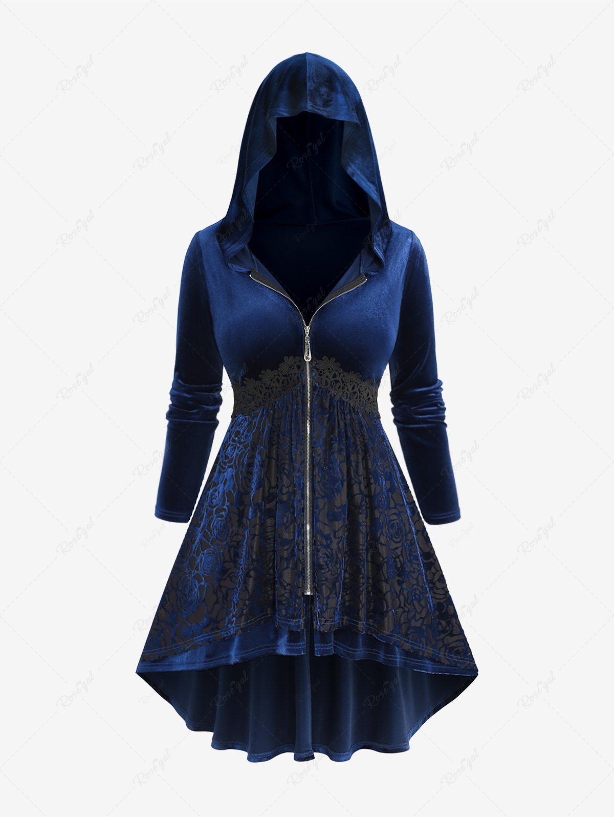 Manteau à Capuche avec Fermeture Éclair et à Imprimé Fleurs Grande-Taille Bleu profond 2X | US 18-20