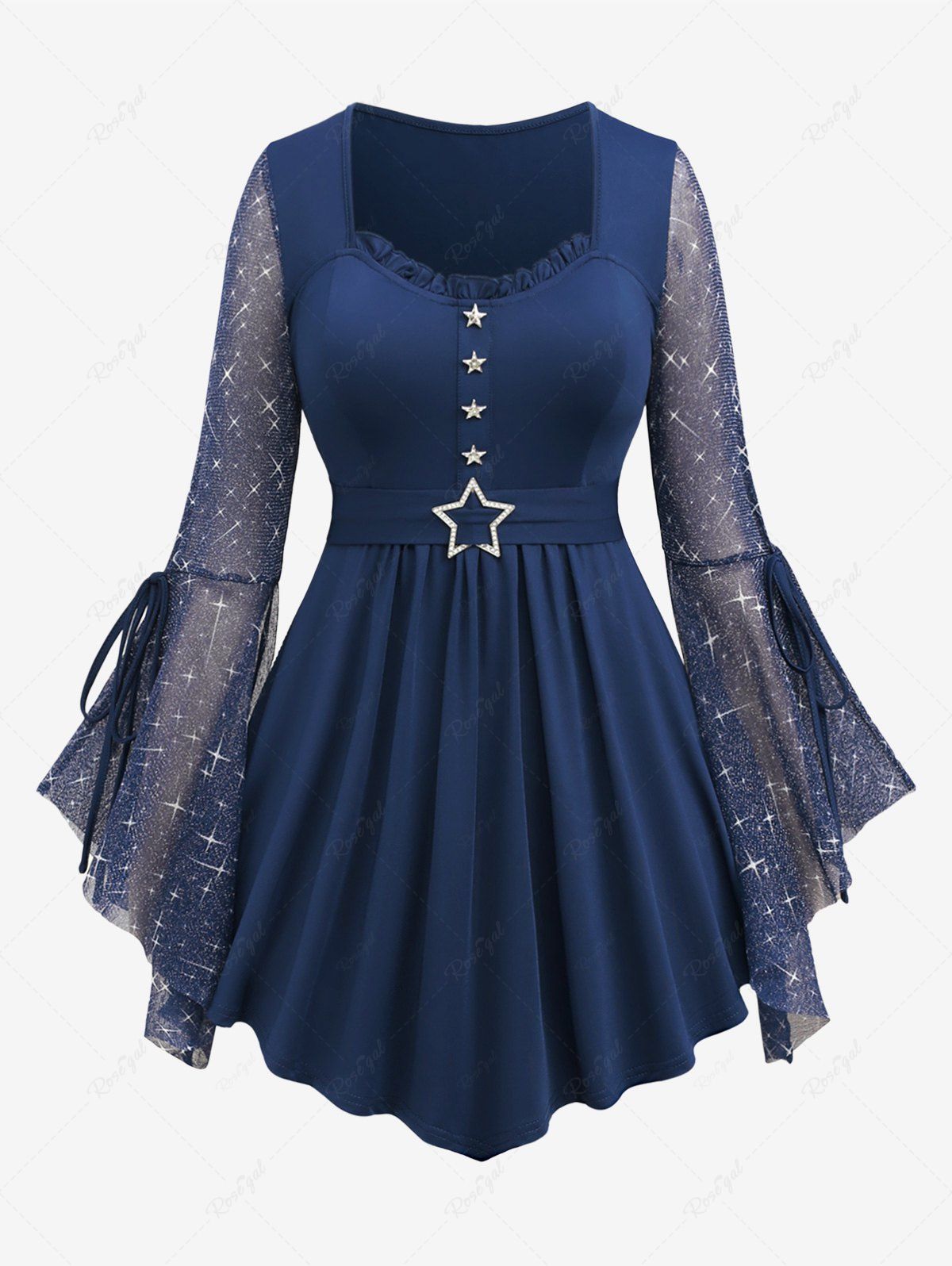 Cheap Plus Size Sparkling Glitter Mesh Tie Flare Sleeves Pentagram Buckle Ruched Ruffles Top  
