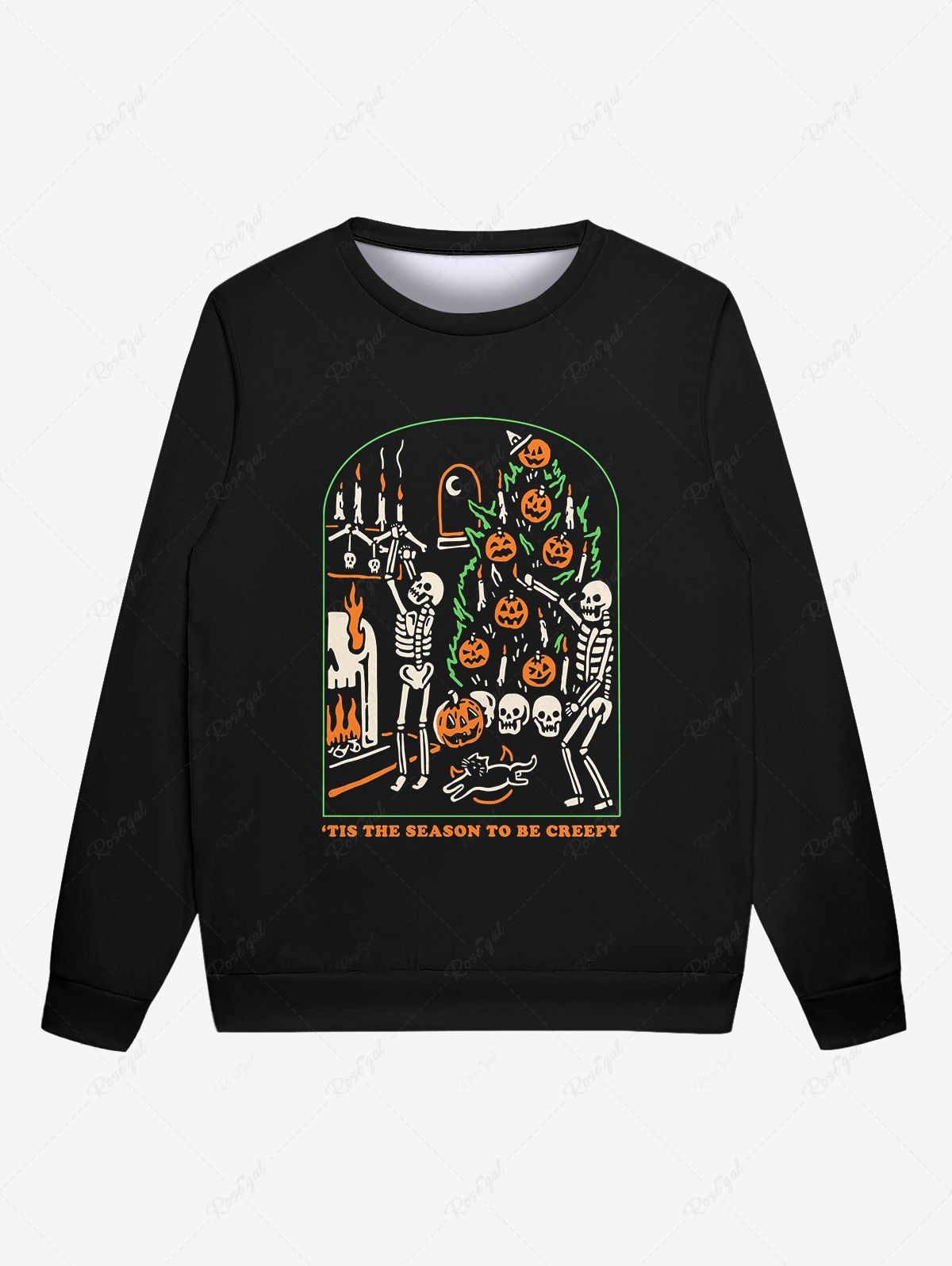 Sweatshirt Gothique D'Halloween Citrouille Squelette et Chat Imprimés pour Homme Noir L