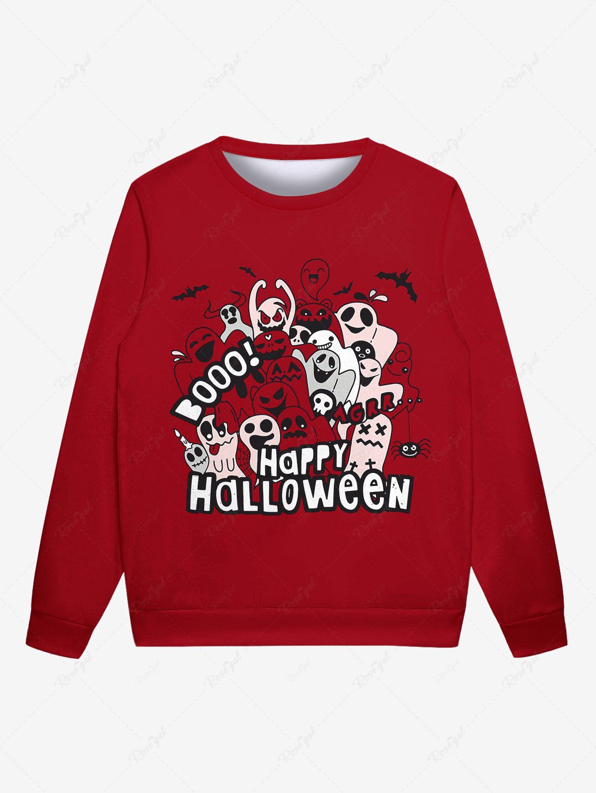 Sweatshirt Gothique D'Halloween Fantôme et Chauve-souris Imprimés pour Homme Rouge 4XL