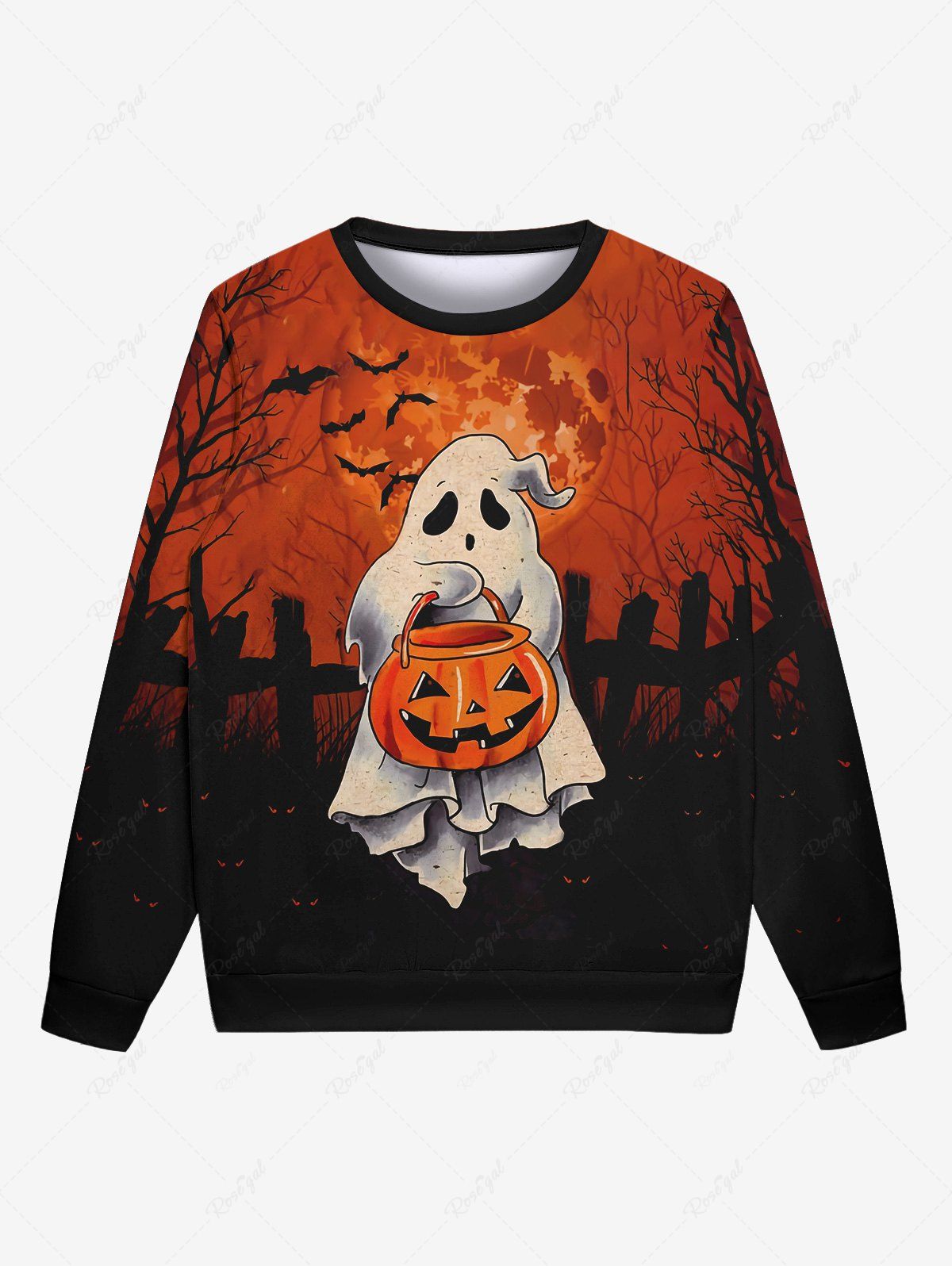 Sweatshirt Gothique D'Halloween Citrouille Chauve-souris et Fantôme Imprimés pour Homme Orange Foncé 6XL