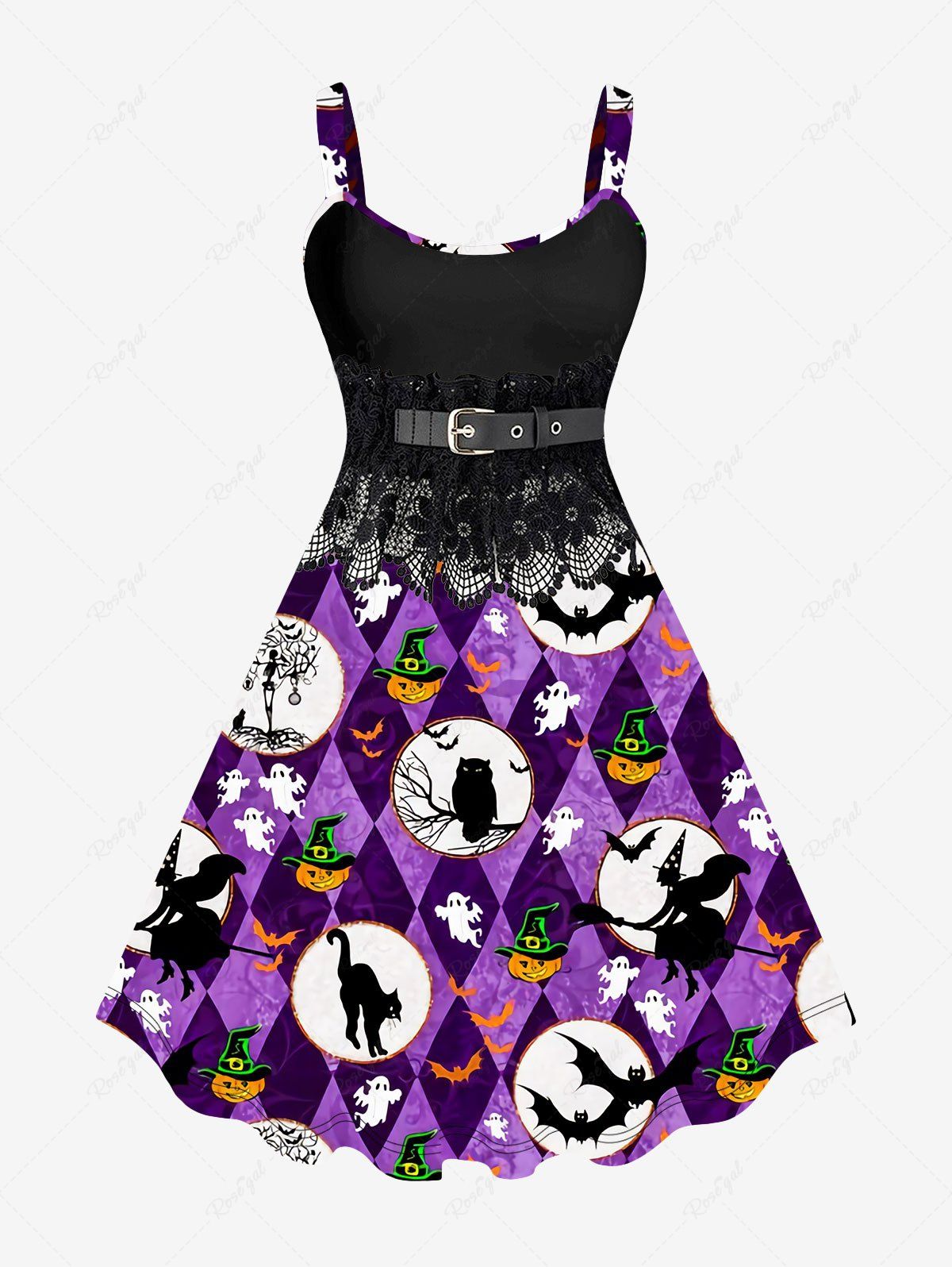 Fancy Plus Size 3D Cat Bat Pumpkin Ghost Floral Lace PU Buckle Print Halloween Tank Dress  