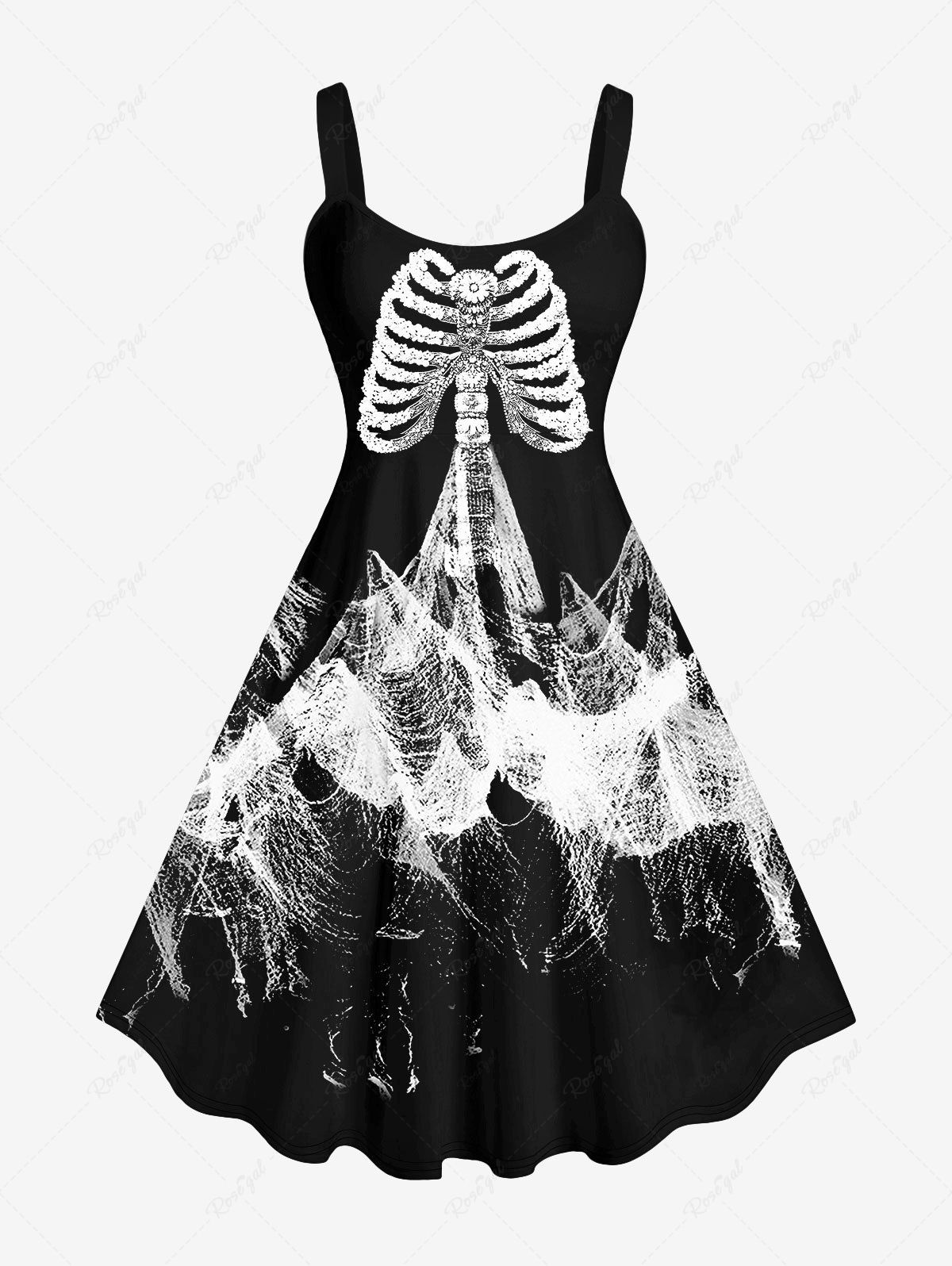 Robe Imprimée Squelette Halloween sans Manches Grande Taille Noir 6X
