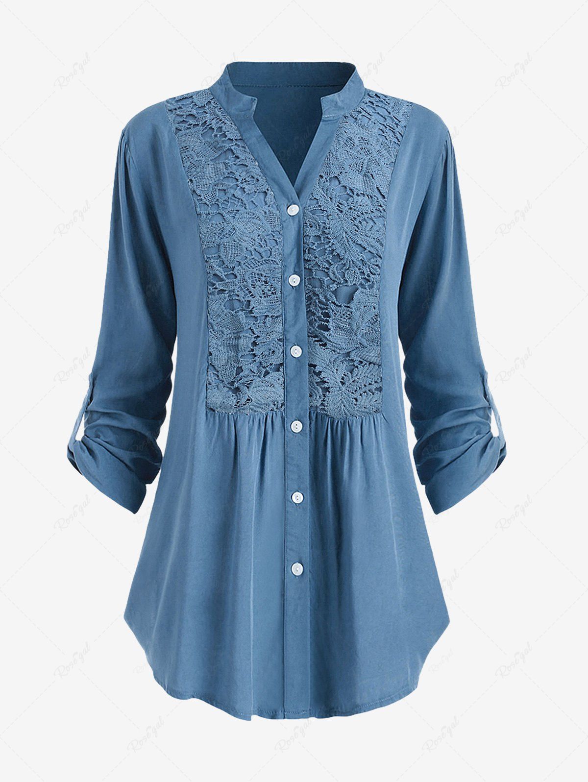 Discount Plus Size Lace Panel Ruched Buttons Roll Tab Sleeves Blouse  