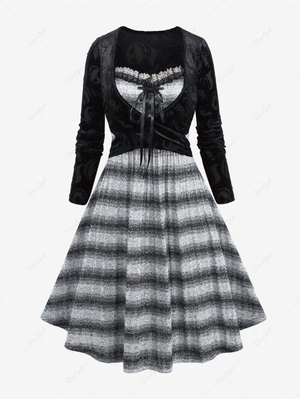 Hot Plus Size Skull Ghost Flocking Crossover Lace-up Ruffle Lace Striped Knitted Halloween 2 in 1 Dress  