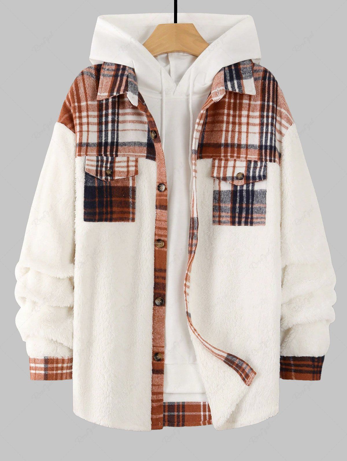 Sale Men's Plaid Pattern Spliced Button Front Flap Pocket Fuzzy Teddy Fleece Jacket  